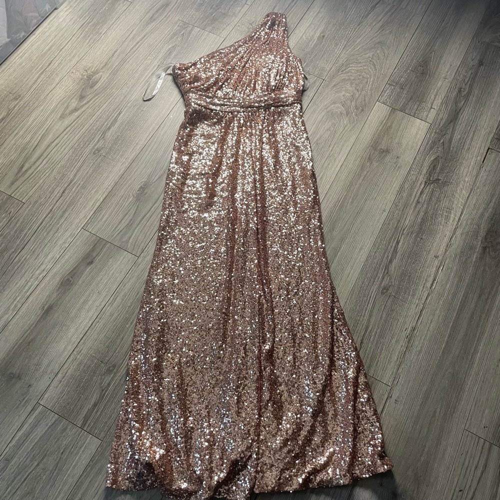 Revelry Starla Sequin One Shoulder Maxi Dress Gown‎ Bridesmaid Rose Gold